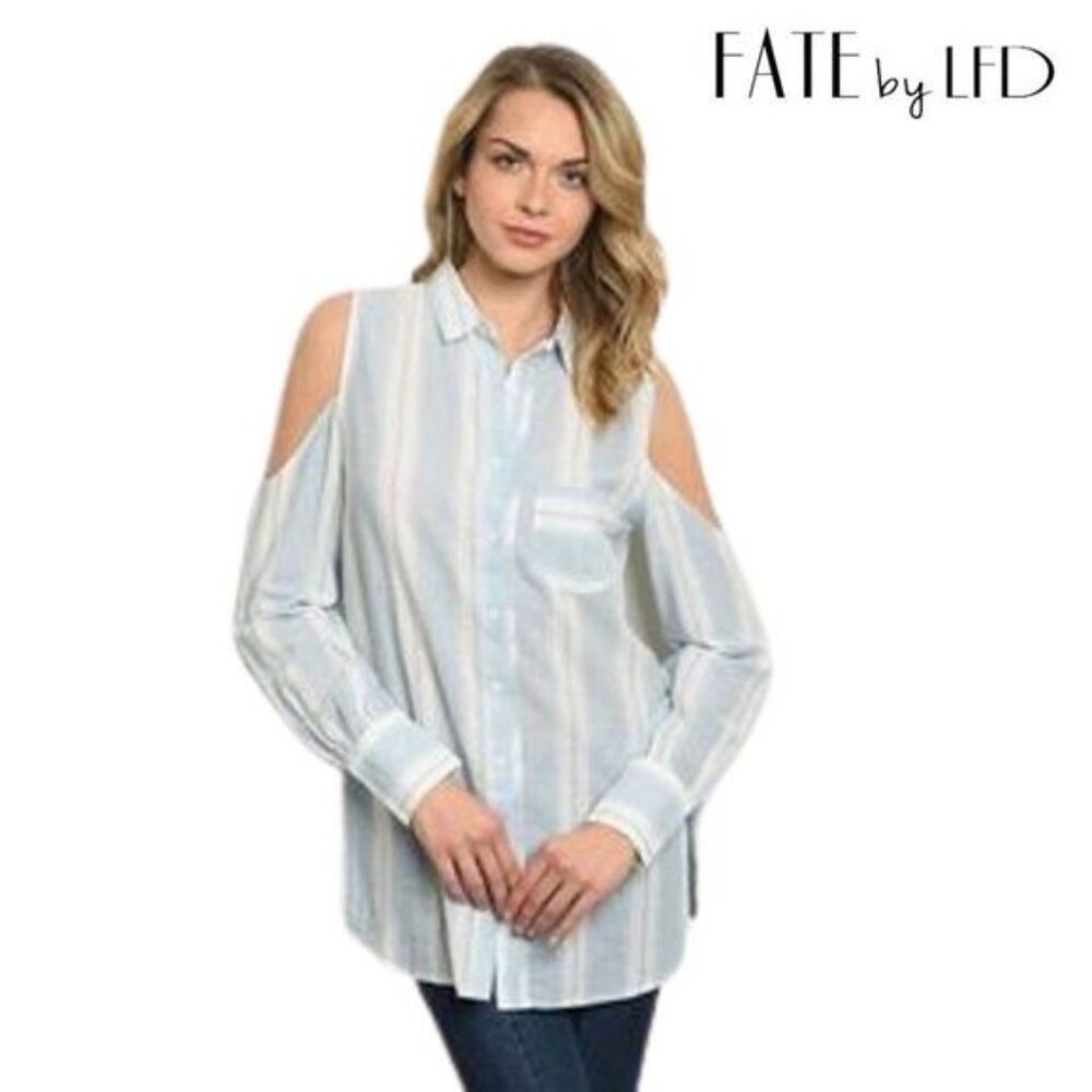 Fate by LFD Women's Cold Shoulder‎ Button Down 3/4 Sleeves Top